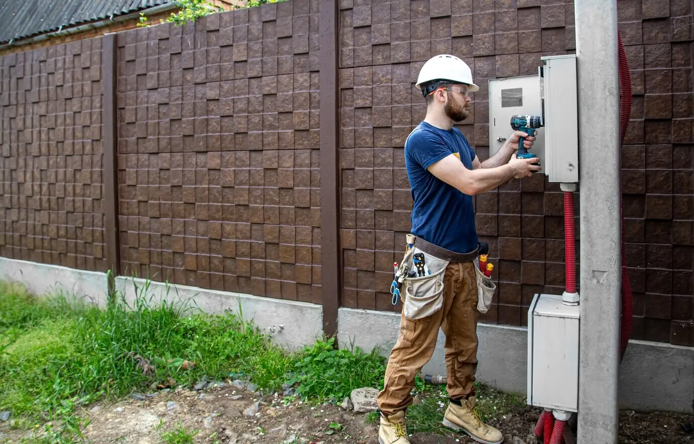 An electrician builder at work inspects a cable connection in the electrical line inside the enclosure of an industrial switchboard. A professional in overalls with an electrician’s tool.