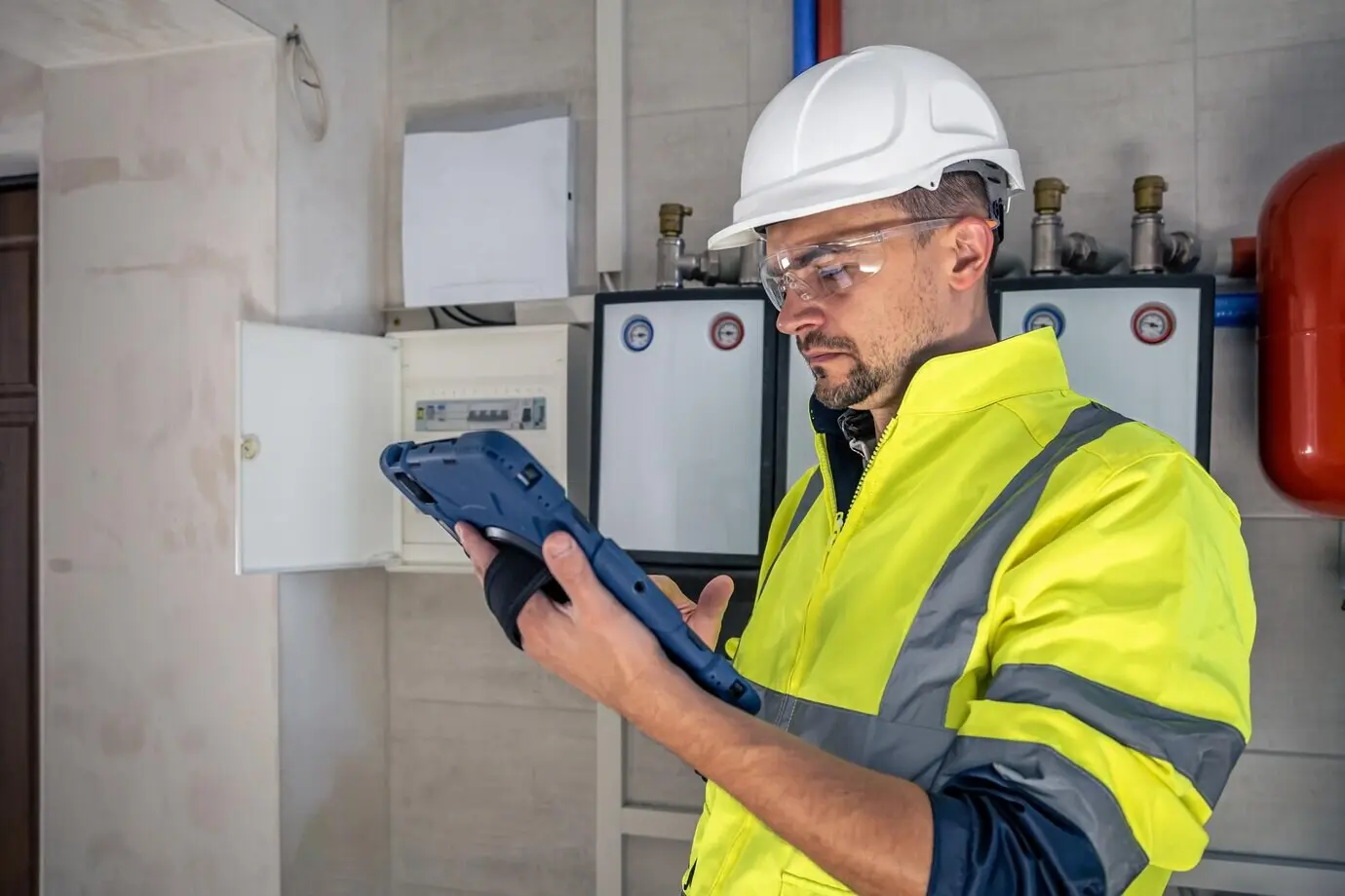 An electrical technician looks focused while working at a switchboard with fuses.