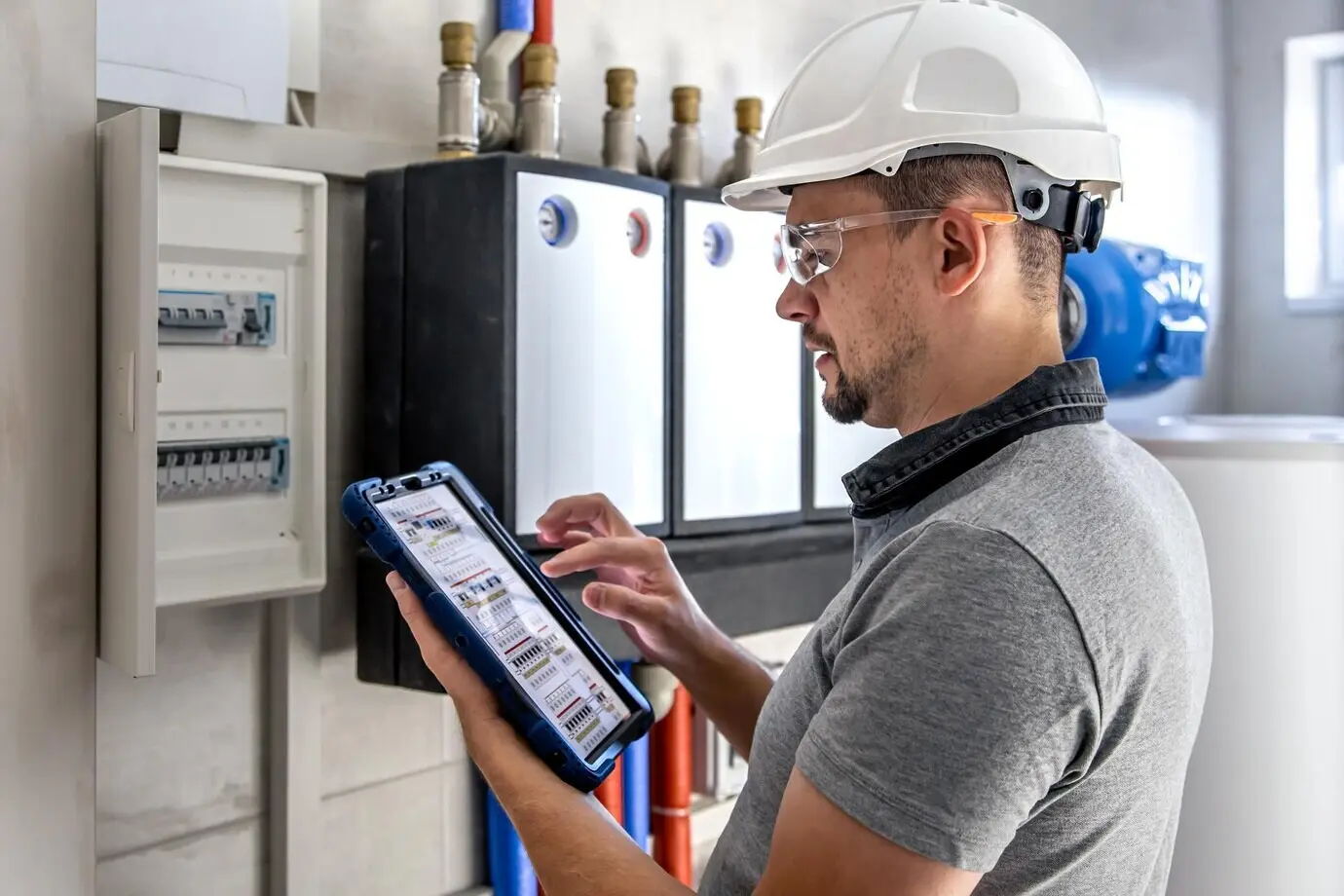An electrical technician appears focused while working inside a switchboard with fuses.
